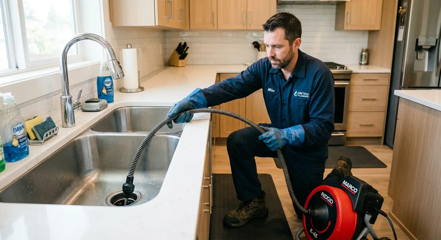 Drain cleaning technician using a motorized snake on a kitchen sink in West Boylston