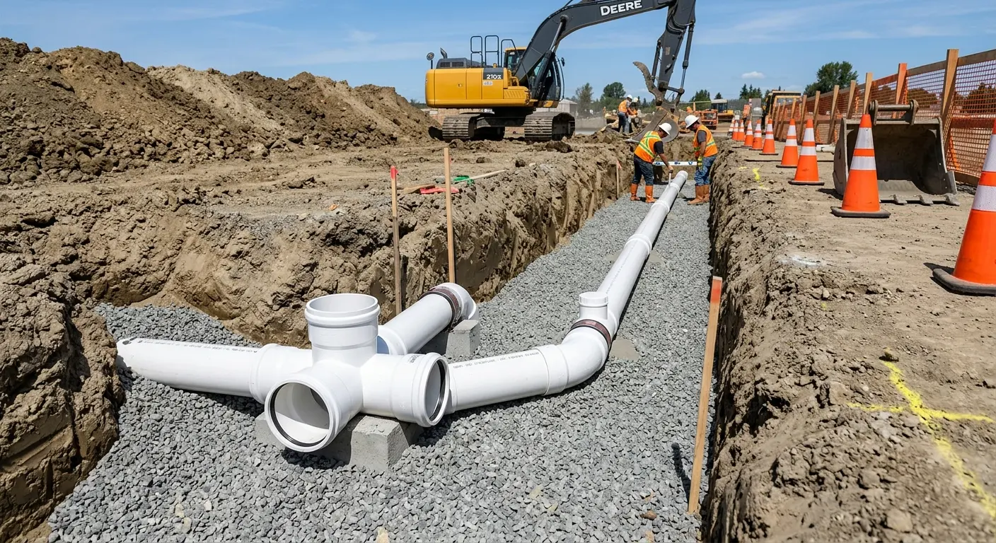 New PVC sewer pipe installation in open trench for Sewer Backup in West Boylston